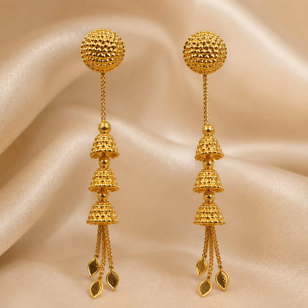 Gold Antique Triple Bell Leaf Fringe Earrings