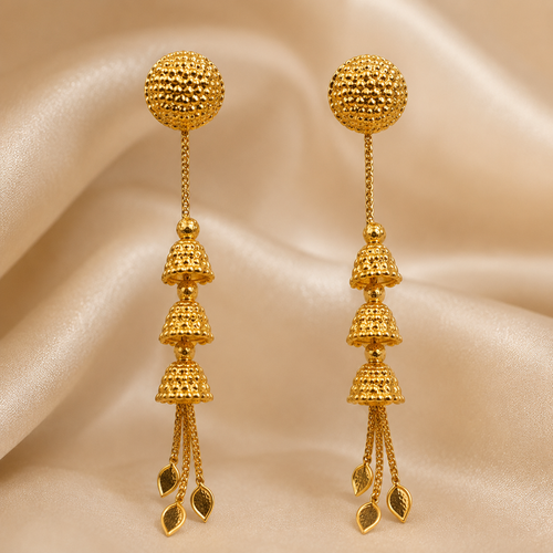 Gold Antique Triple Bell Leaf Fringe Earrings
