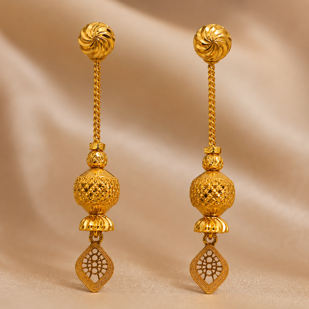Gold Antique Textured Bead Kite Drop Earrings
