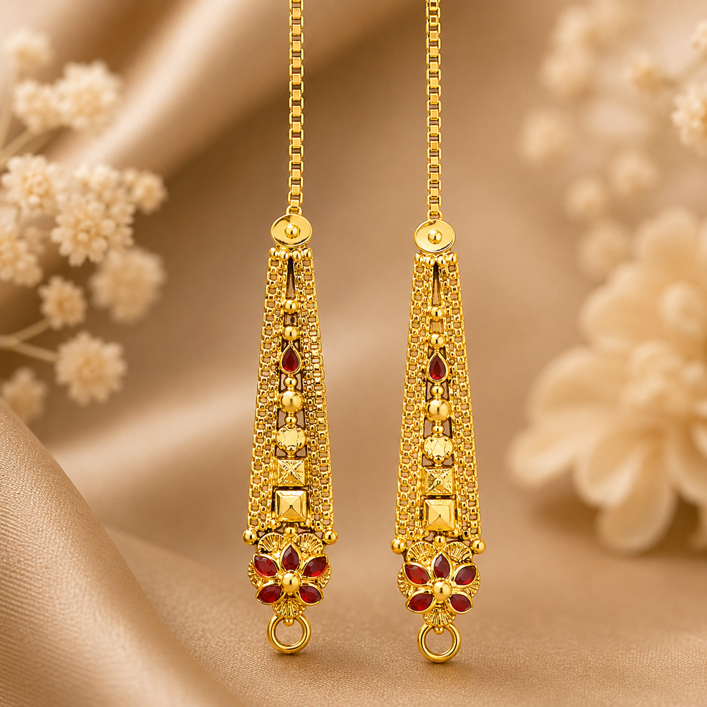 Gold Ruby Floral Base Tapered Ear Chain
