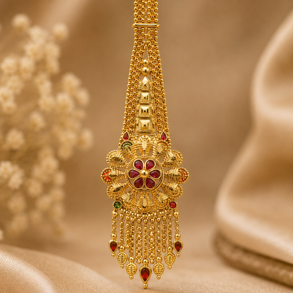 Gold Chakra Wheel Multicolour Meenakari Tassel Maang Tikka