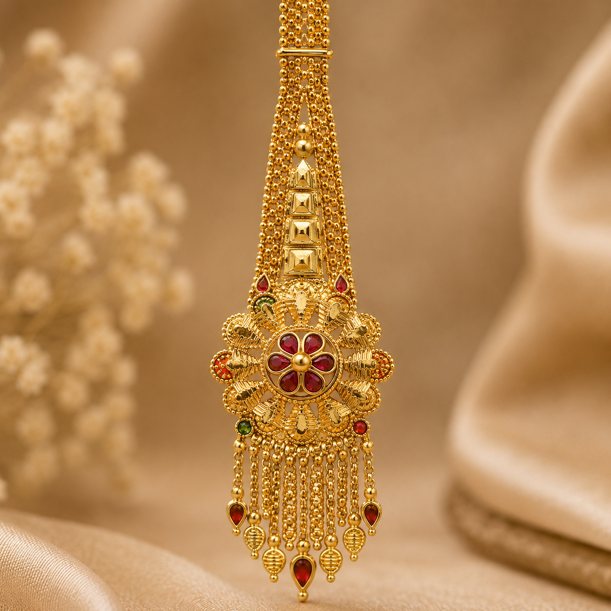 Gold Chakra Wheel Multicolour Meenakari Tassel Maang Tikka