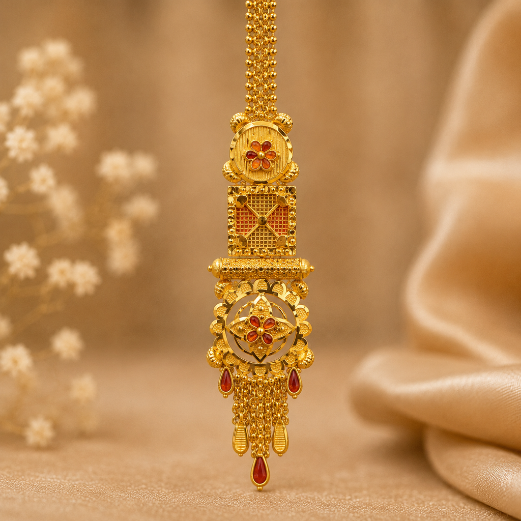Gold Three-Tier Kundan Mosaic Maang Tikka
