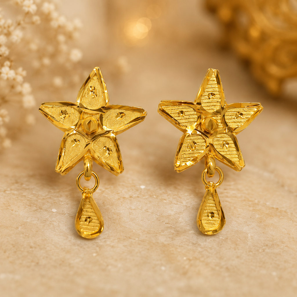 Gold Antique Star Flower Teardrop Earrings