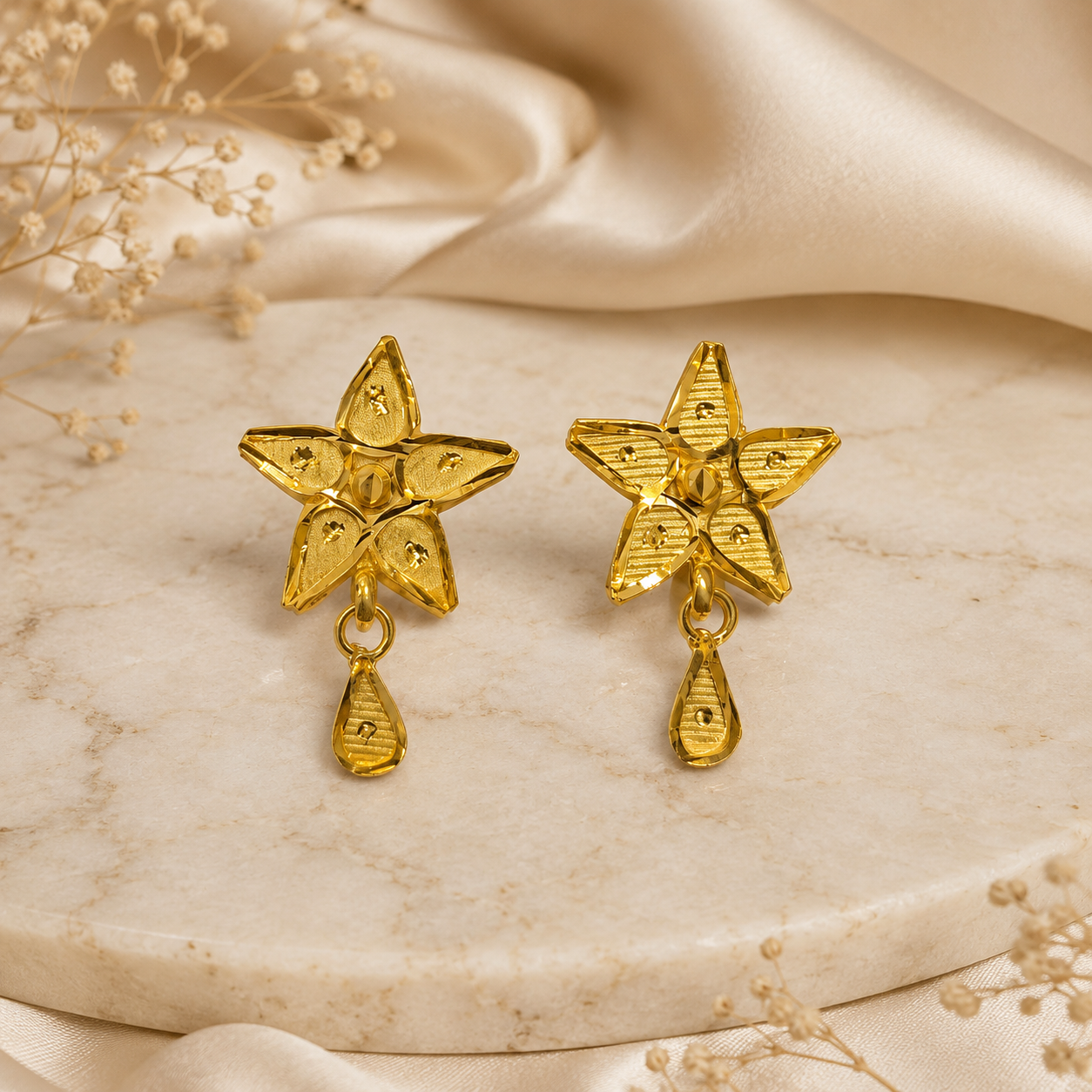 Gold Antique Star Flower Teardrop Earrings