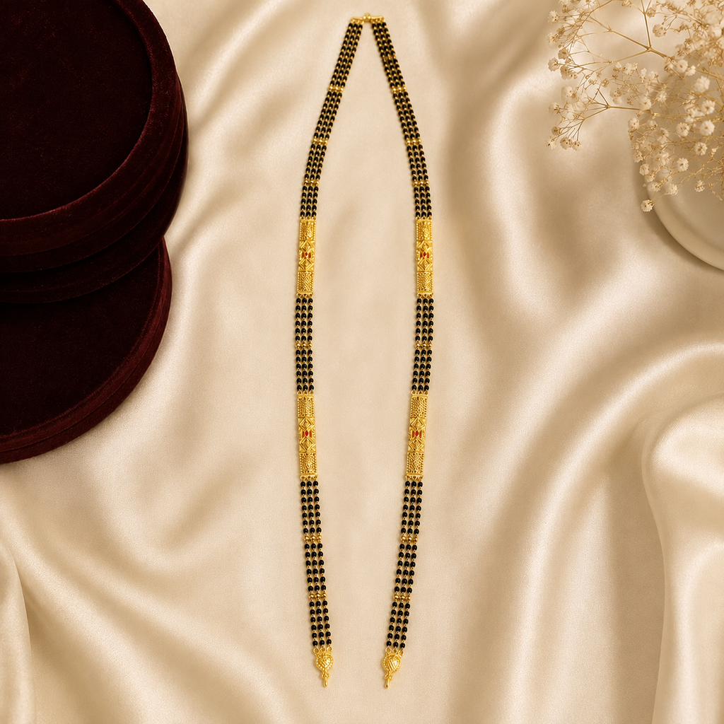 Gold Triple-Strand Black Bead Diamond-Cut Plaque Long Mangalsutra Set