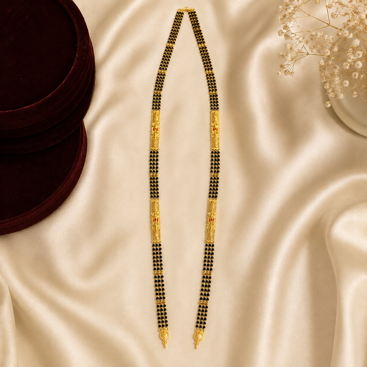 Gold Triple-Strand Black Bead Diamond-Cut Plaque Long Mangalsutra Set