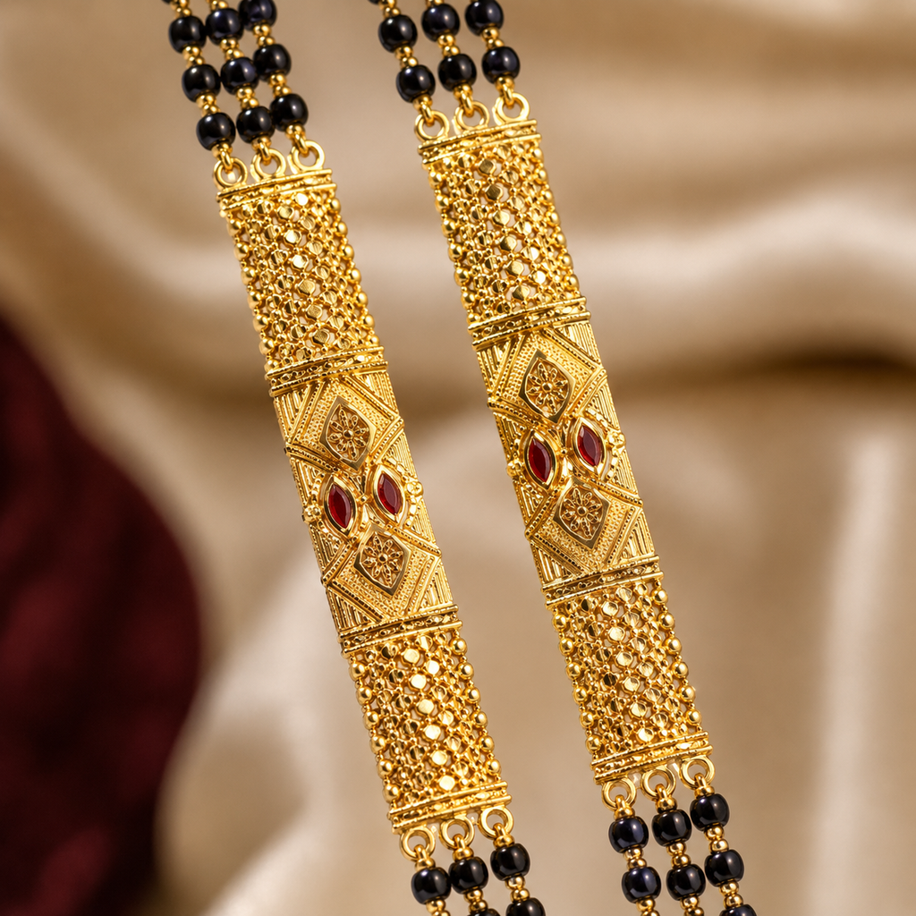 Gold Triple-Strand Black Bead Diamond-Cut Plaque Long Mangalsutra Set