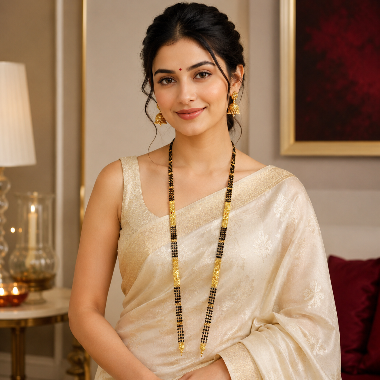 Gold Triple-Strand Black Bead Diamond-Cut Plaque Long Mangalsutra Set