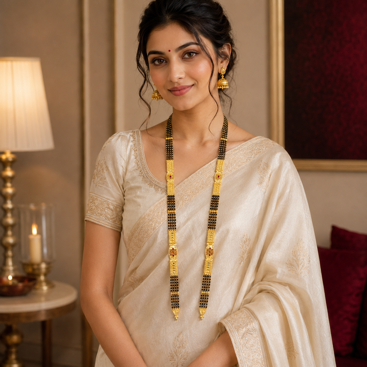 Gold Triple-Strand Black Bead Bar & Oval Medallion Mangalsutra Set