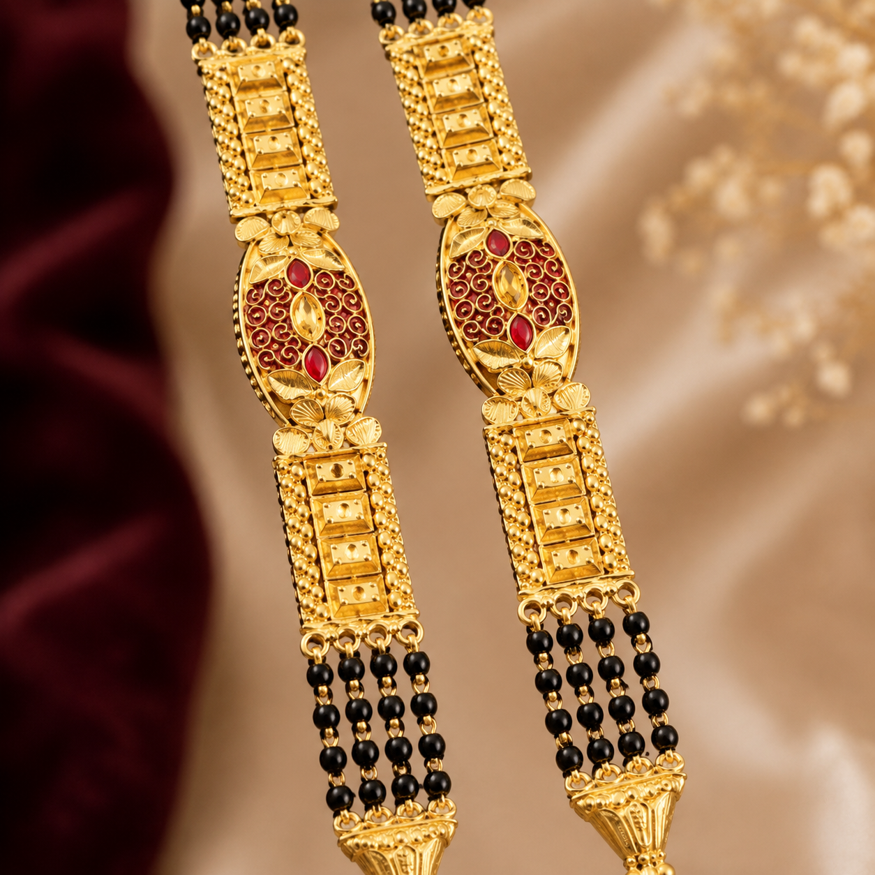 Gold Triple-Strand Black Bead Bar & Oval Medallion Mangalsutra Set