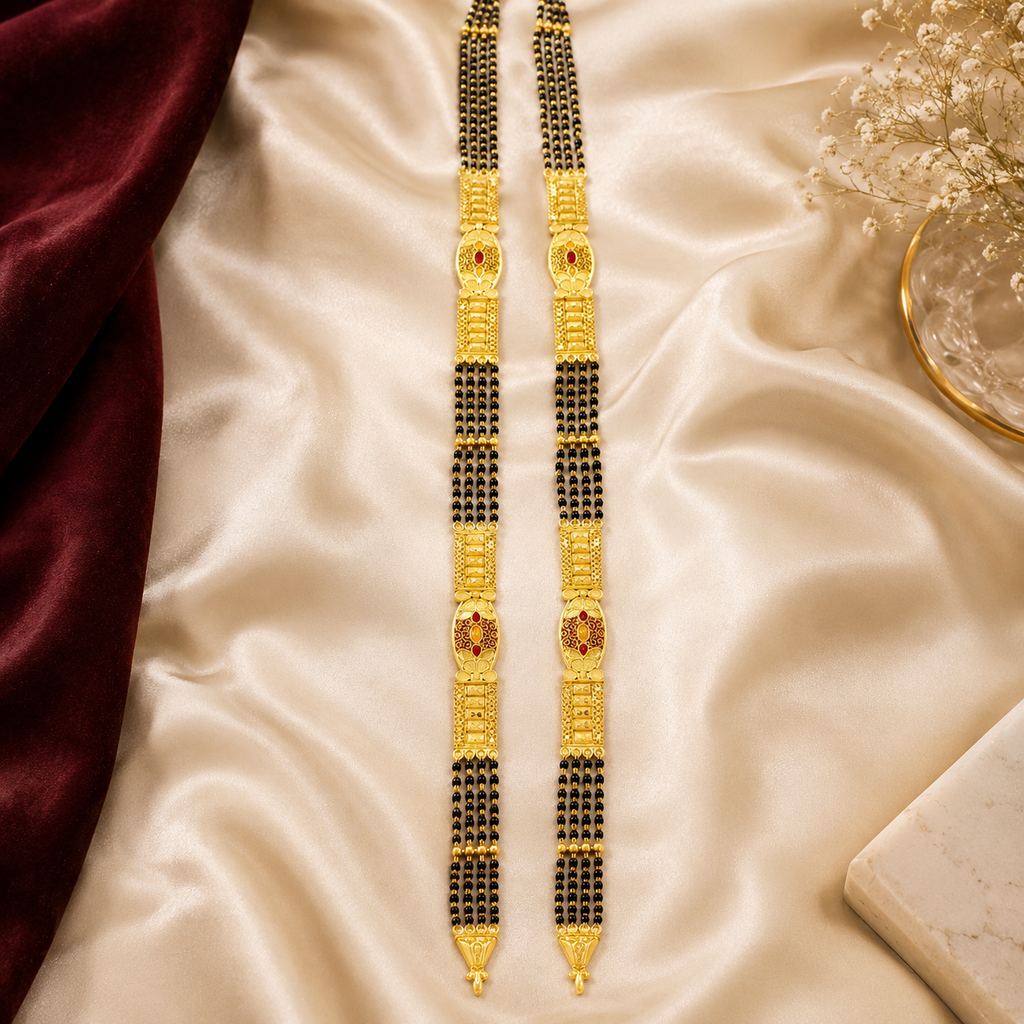 Gold Triple-Strand Black Bead Bar & Oval Medallion Mangalsutra Set
