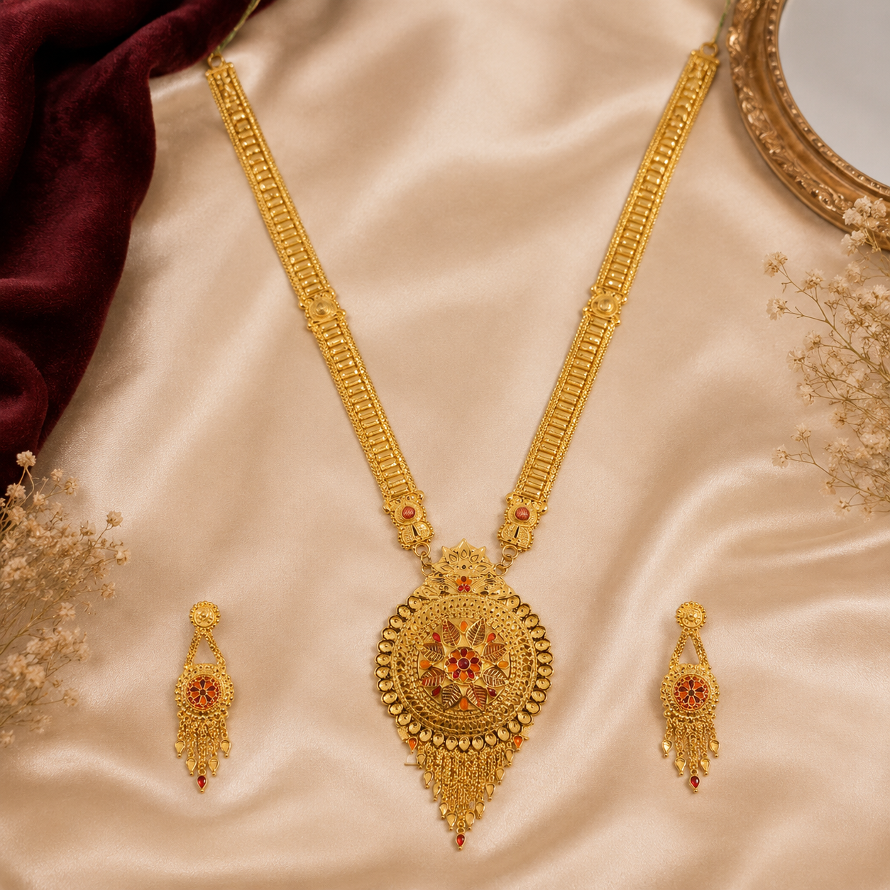 Gold Floral Medallion Tassel Necklace Set