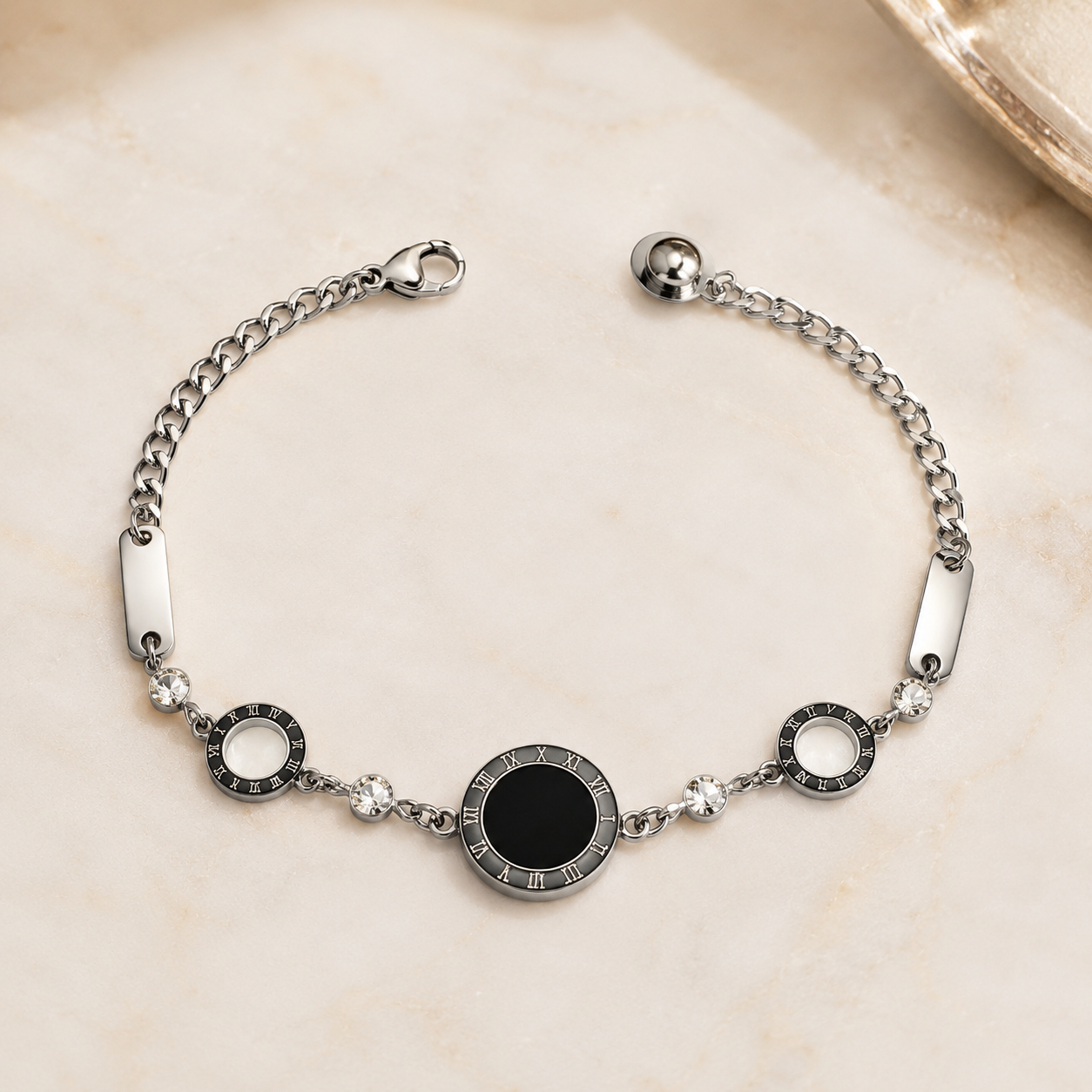 Silver Onyx Roman Numeral Station Bracelet
