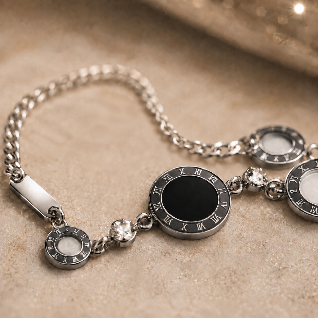Silver Onyx Roman Numeral Station Bracelet