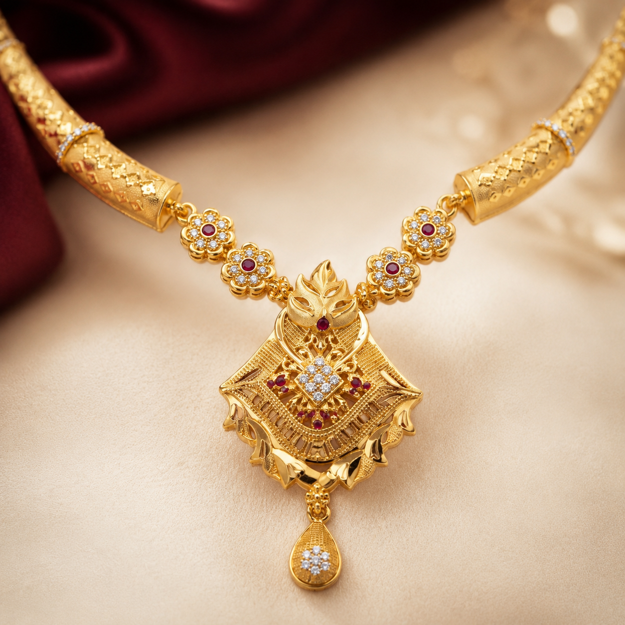 Gold Ruby CZ Diamond Kadas Pendant Necklace Set