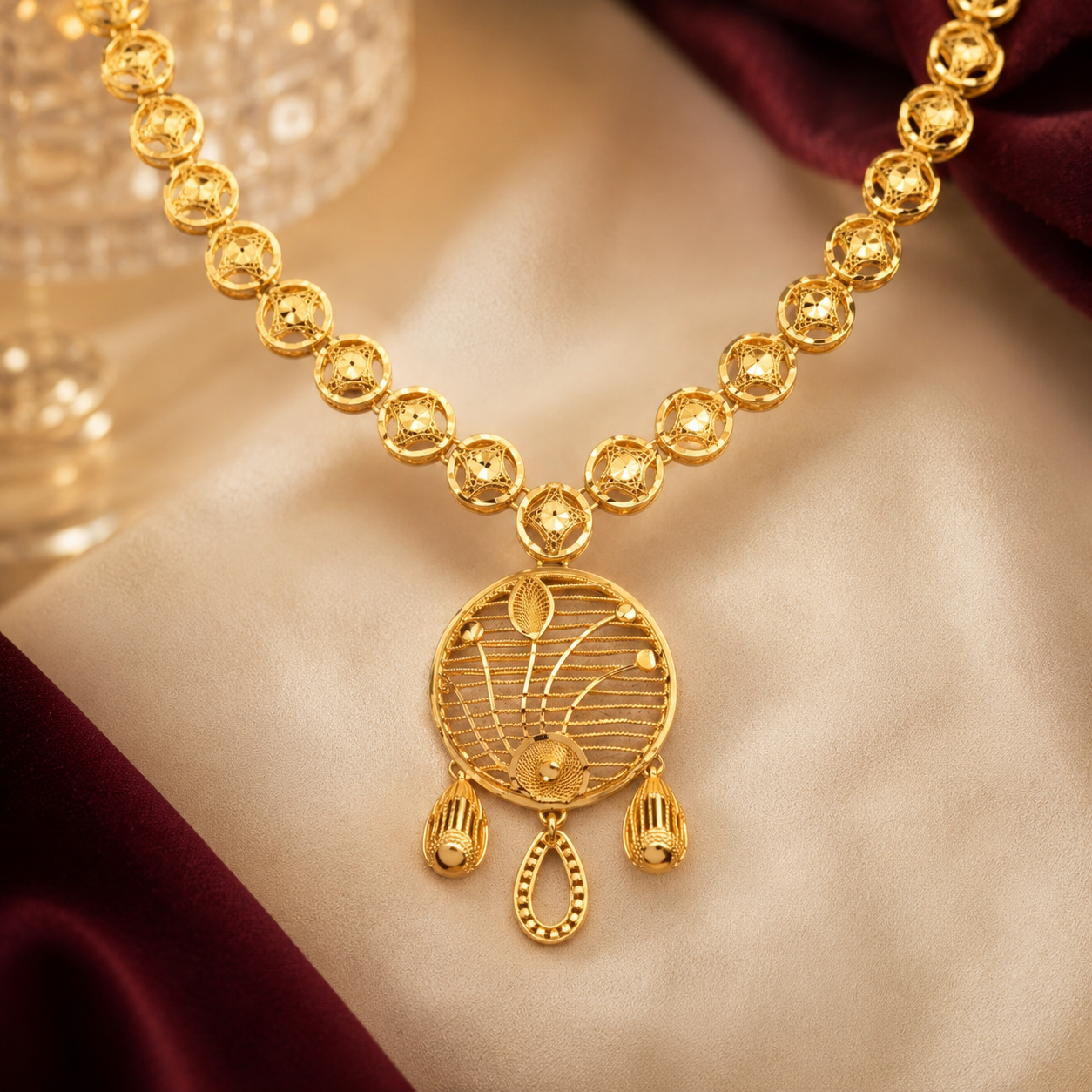 Gold Filigree Disc Coin Chain Long Necklace Set