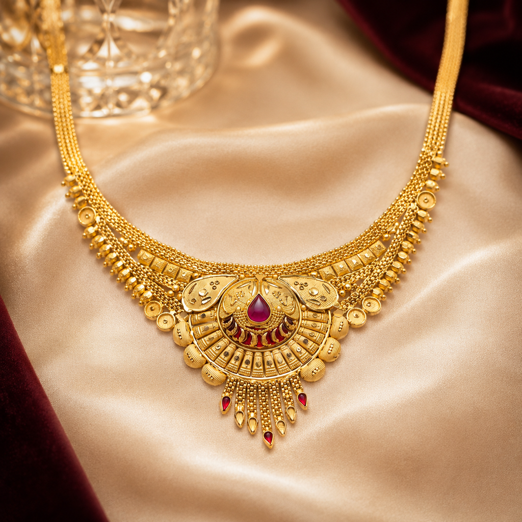 Gold Ruby Peacock Fan Collar Tassel Necklace Set