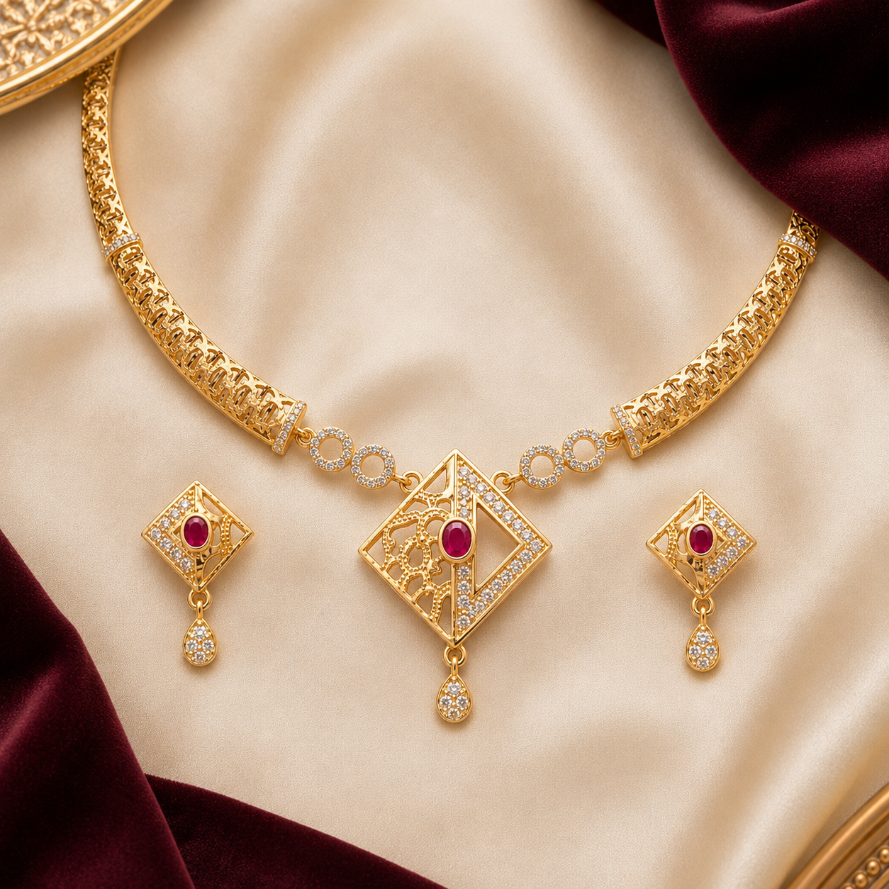 Gold Ruby CZ Filigree Diamond Pendant Necklace Set