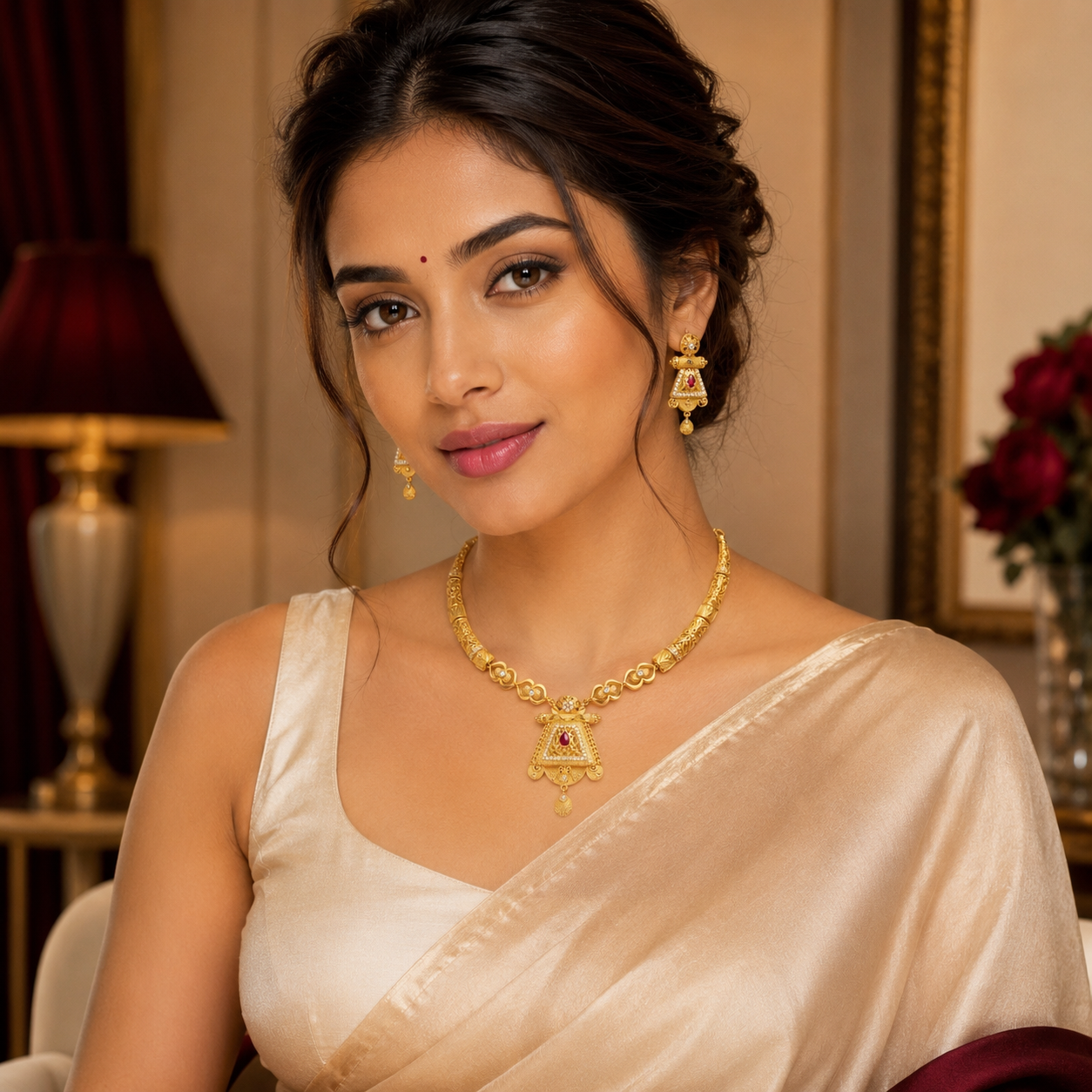 Gold Ruby CZ Filigree Temple Pendant Necklace Set