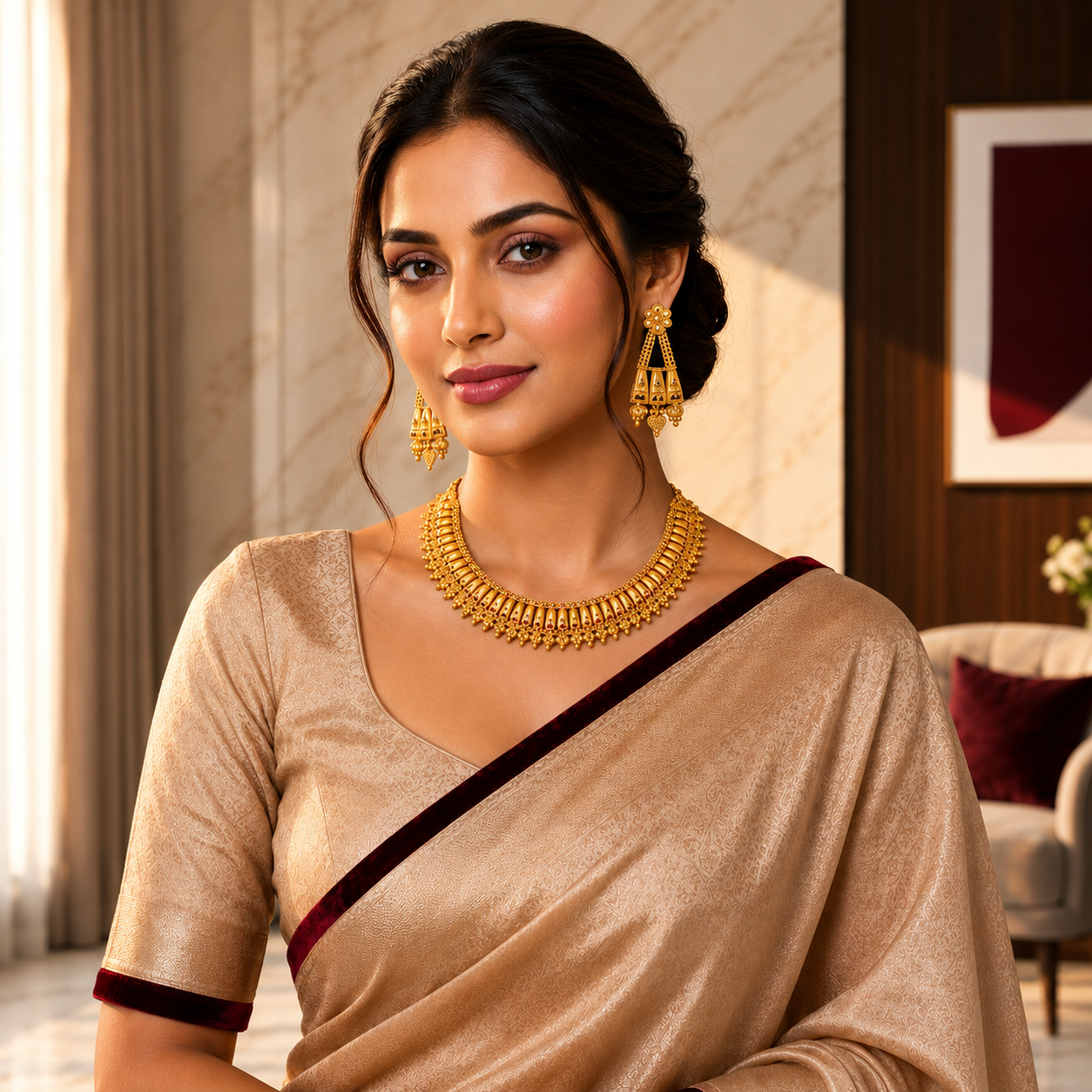 Gold Engraved Bar Petal Choker Necklace Set