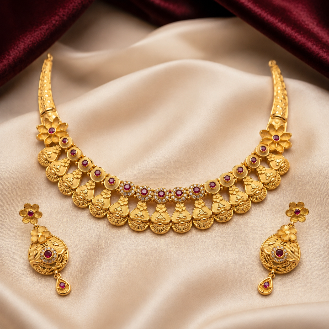 Gold Ruby Floral Kalash Collar Necklace Set