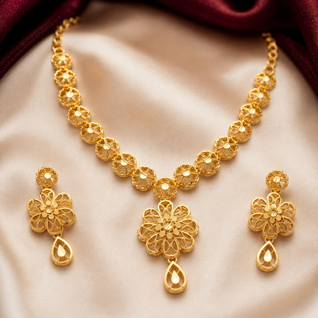 Gold Filigree Floral Chain Teardrop Necklace Set