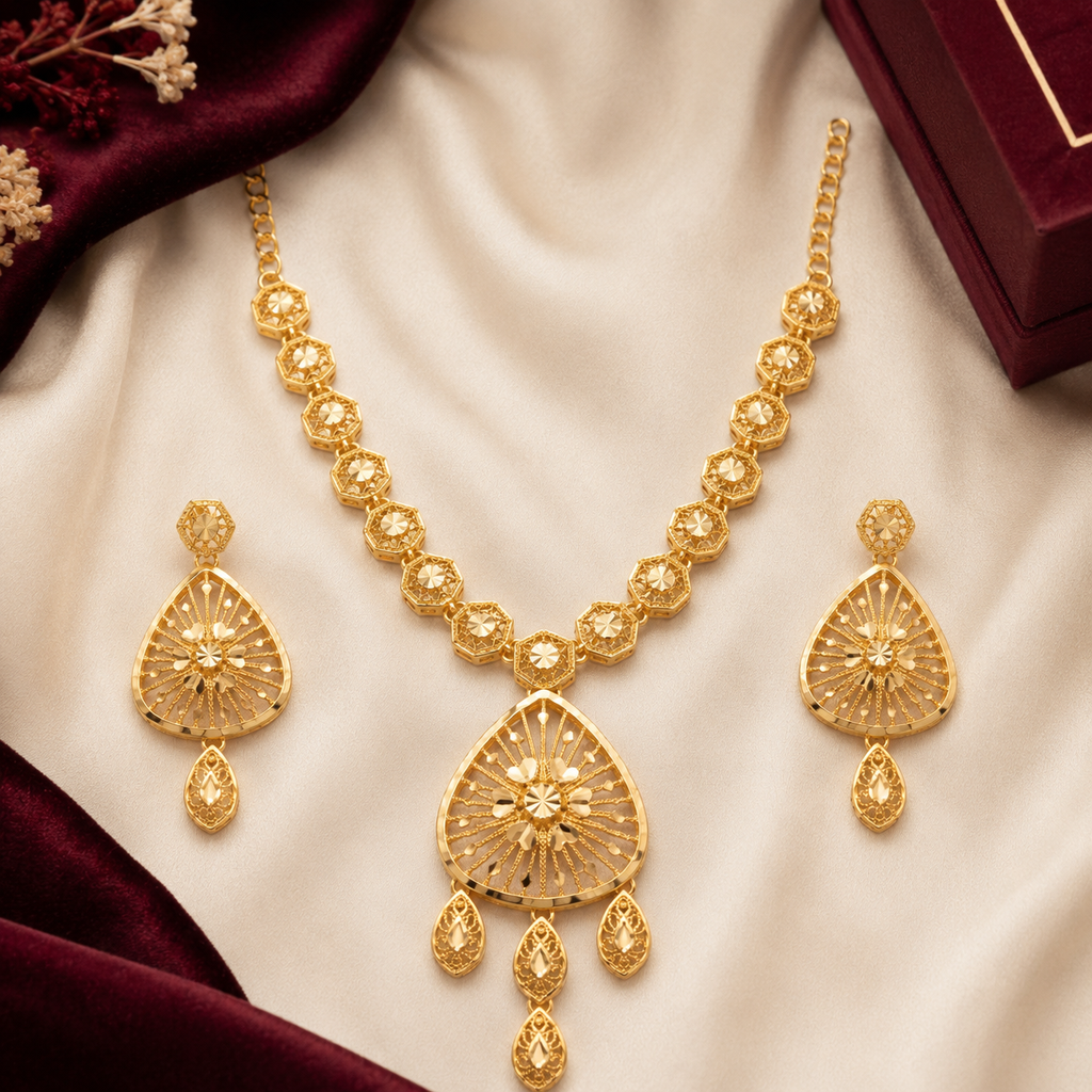 Gold Diamond-Cut Octagon Filigree Teardrop Necklace Set