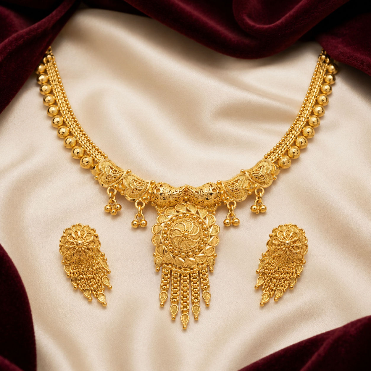 Gold Filigree Spiral Medallion Bead Drop Necklace Set
