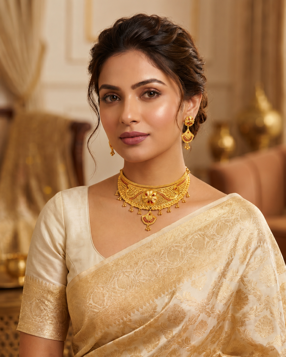 Gold Meenakari Filigree Crescent Fan Drop Necklace Set