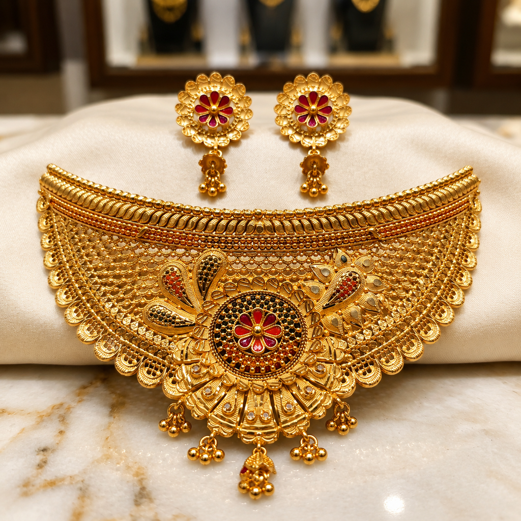 Gold Meenakari Scallop Fan Choker Necklace Set