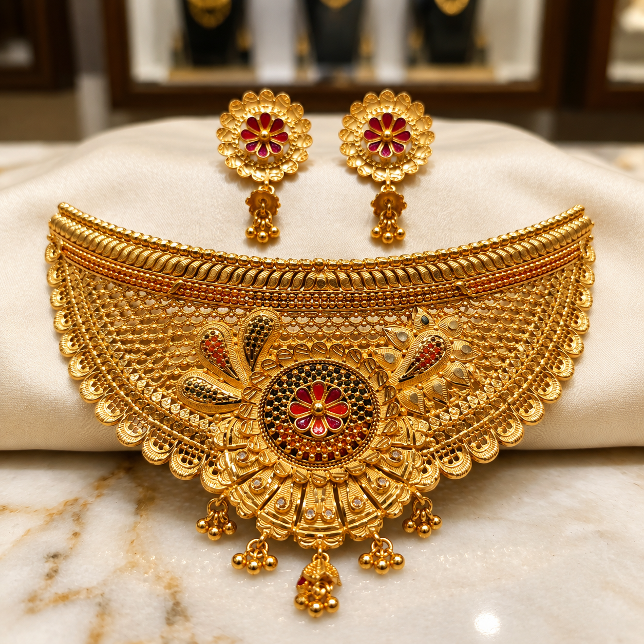 Gold Meenakari Scallop Fan Choker Necklace Set