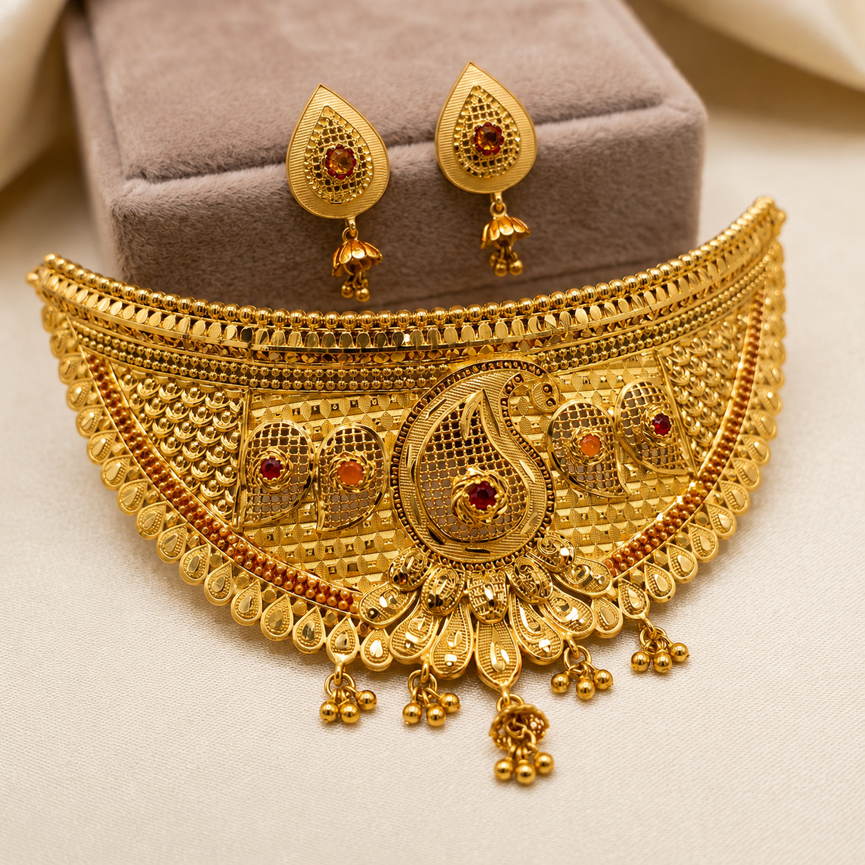 Gold Meenakari Paisley Lattice Wide Choker Necklace Set