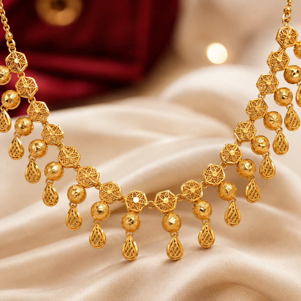 Gold Filigree Bead Fringe Necklace Set