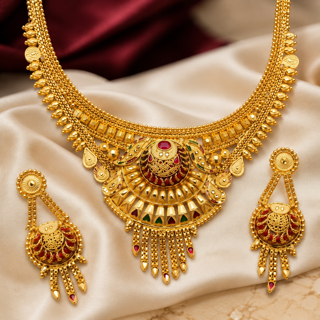 Gold Meenakari Peacock Fan Tassel Necklace Set