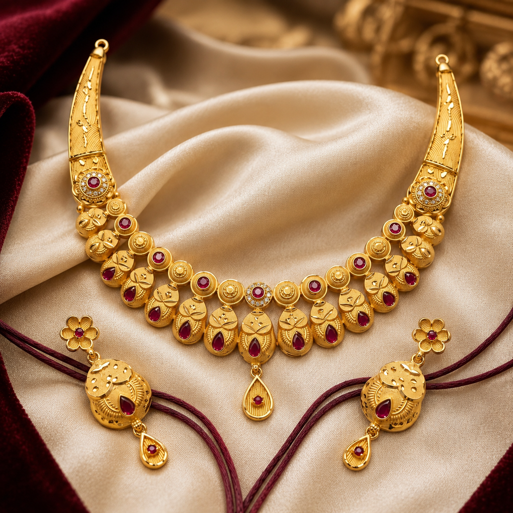 Gold Ruby Floral Collar Necklace Set