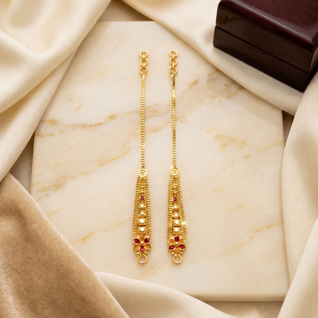 Gold Ruby Floral Base Tapered Ear Chain