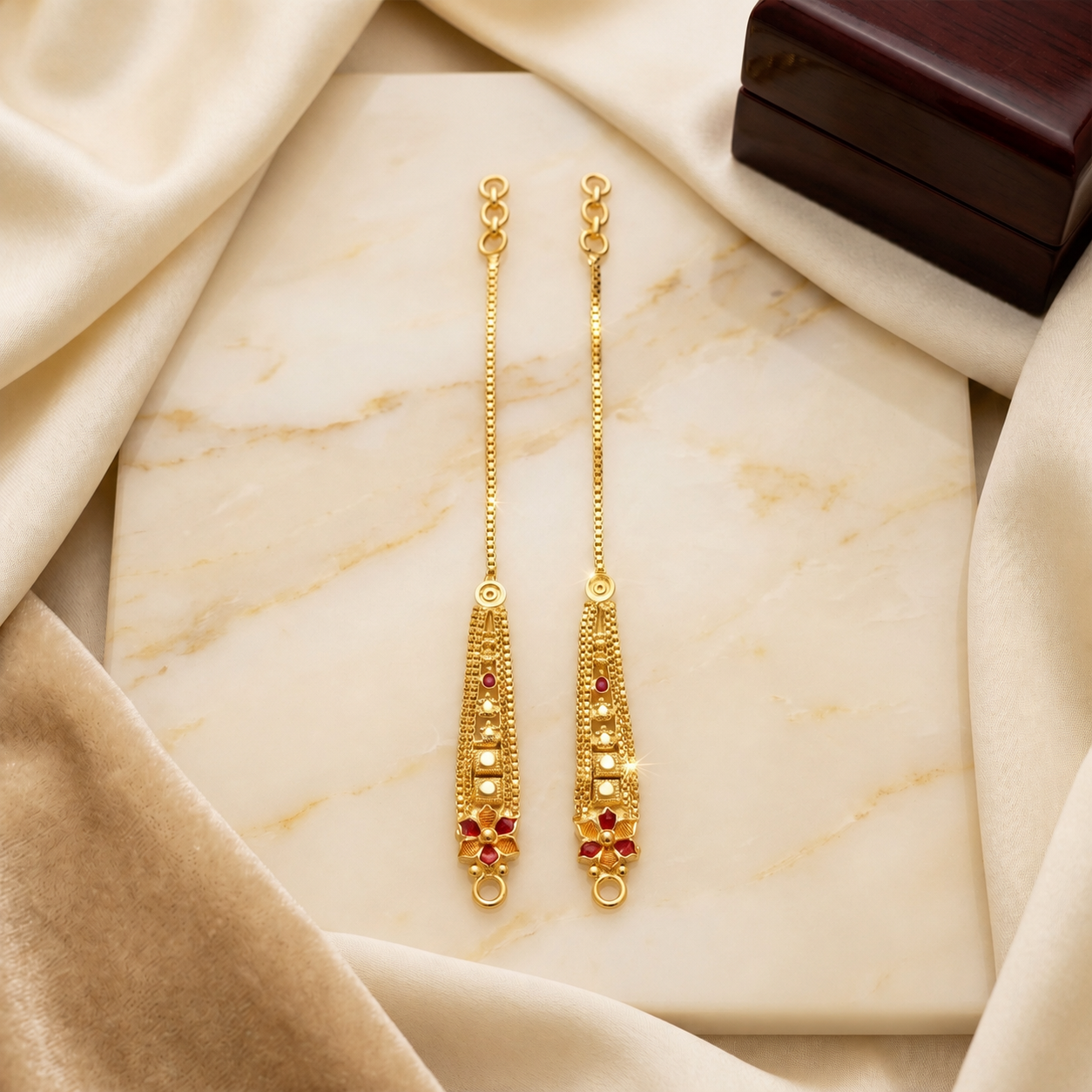 Gold Ruby Floral Base Tapered Ear Chain