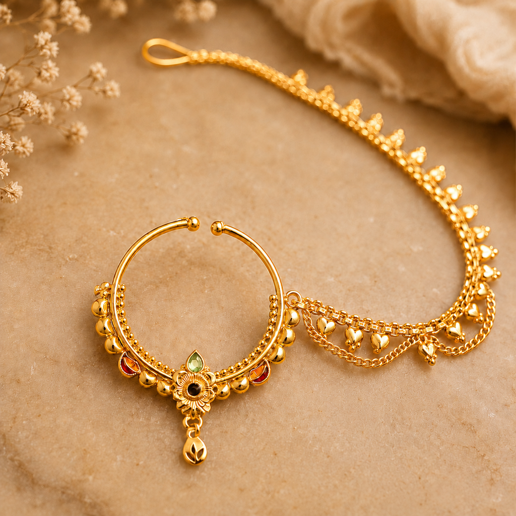 Gold Floral Meenakari Chained Nath
