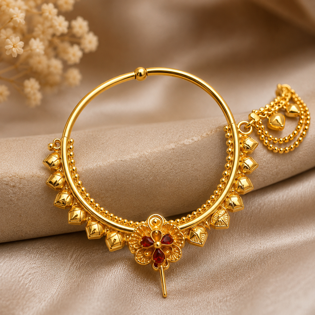 Gold Leaf Fringe Floral Pin Nath with Chain
