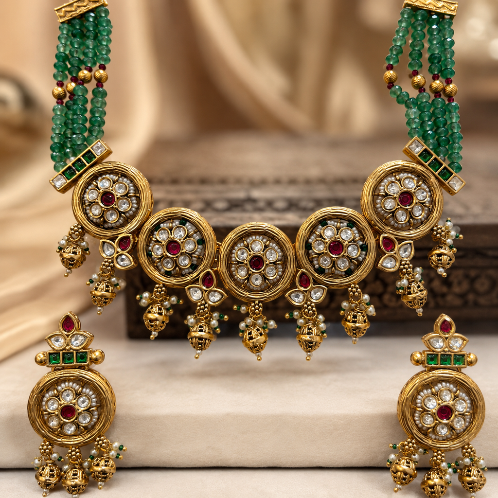 Antique Gold Kundan Medallion Green Bead Necklace Set