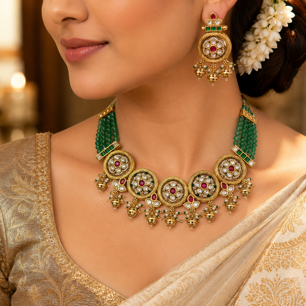 Antique Gold Kundan Medallion Green Bead Necklace Set