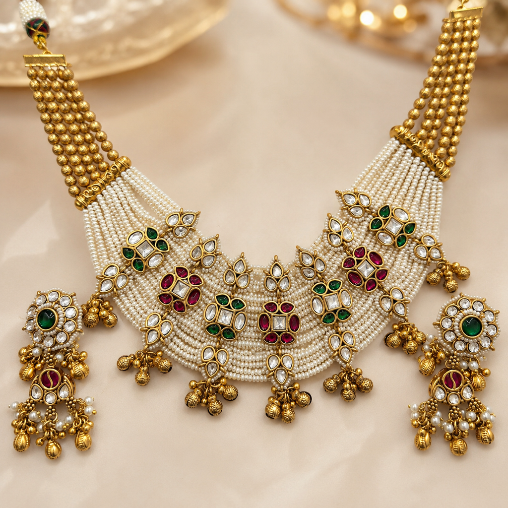 Antique Gold Pearl Collar Kundan Floral Necklace Set