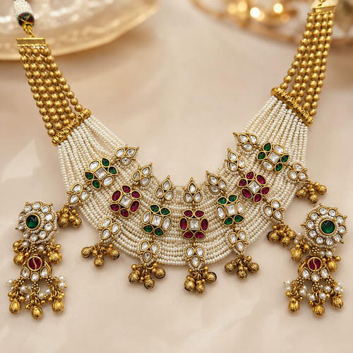 Antique Gold Pearl Collar Kundan Floral Necklace Set