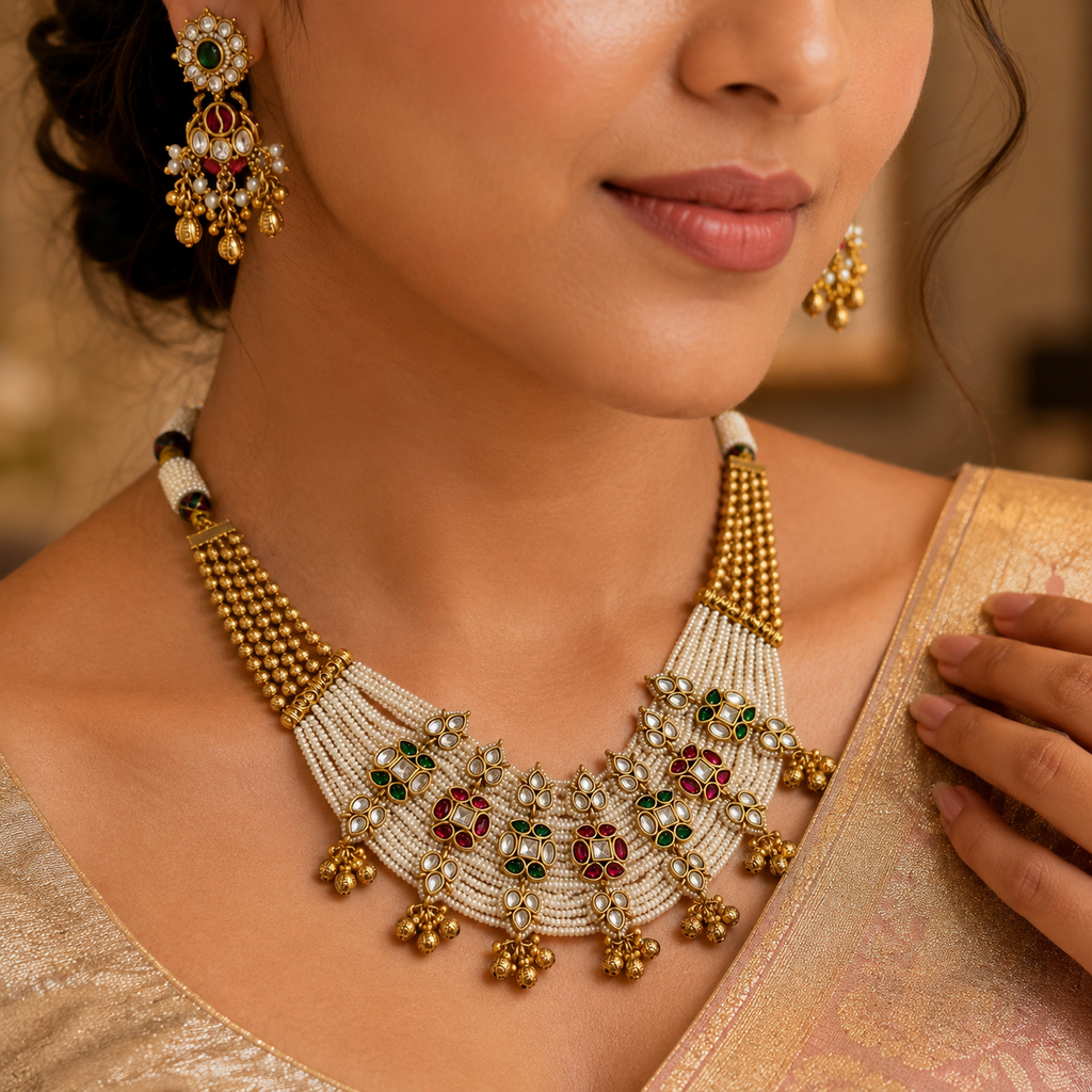 Antique Gold Pearl Collar Kundan Floral Necklace Set