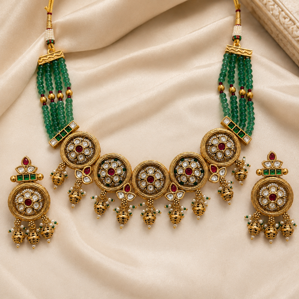 Antique Gold Kundan Medallion Green Bead Necklace Set