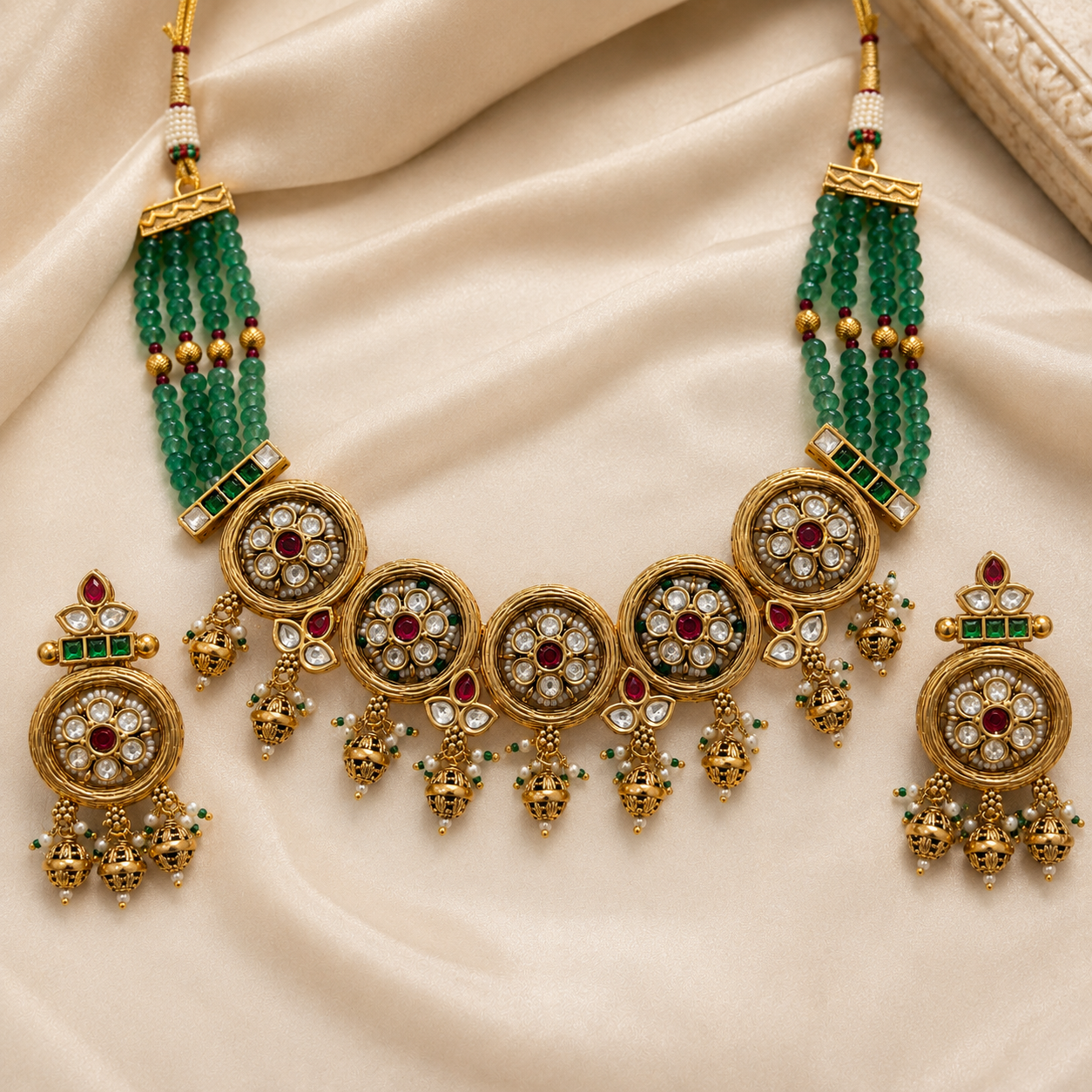 Antique Gold Kundan Medallion Green Bead Necklace Set
