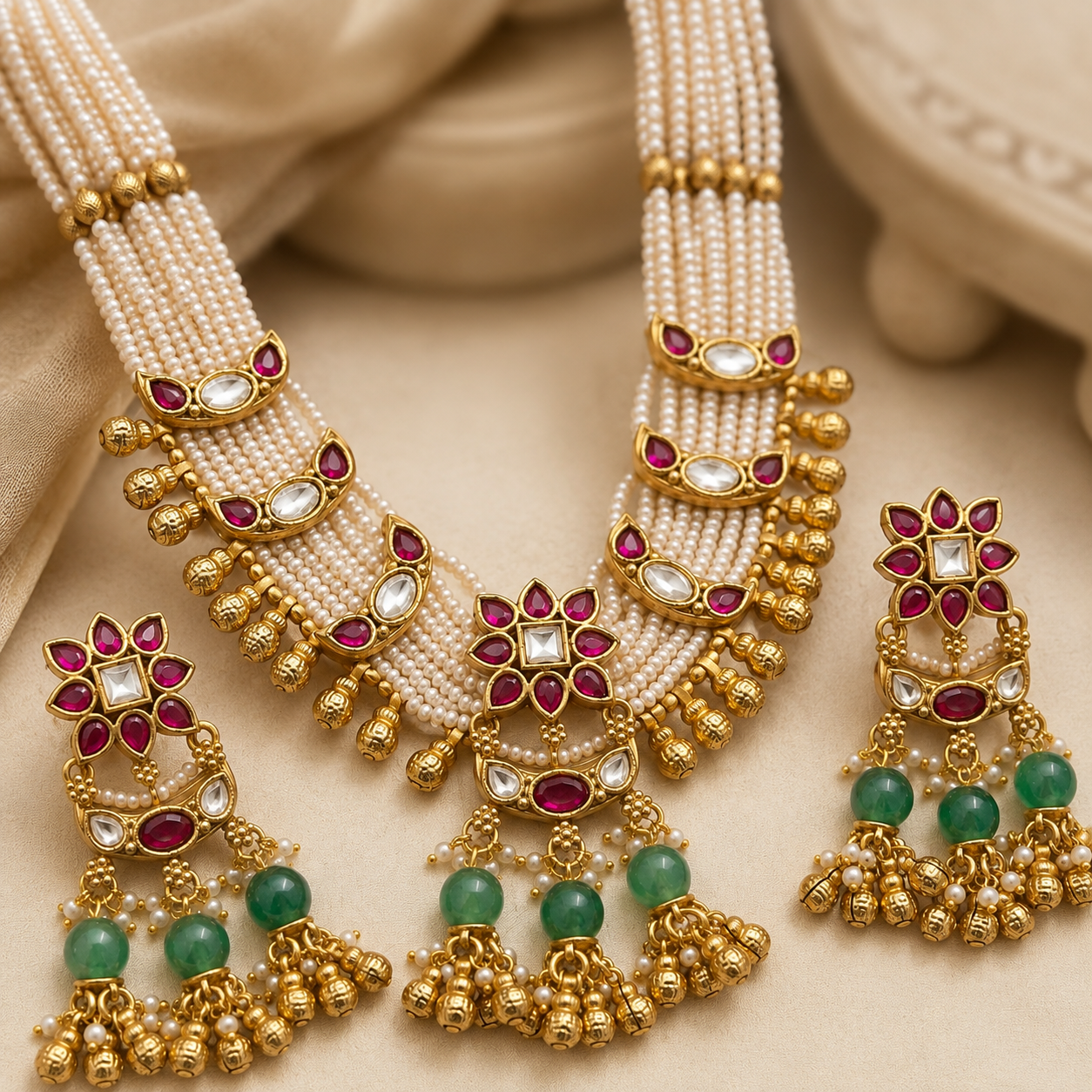 Antique Gold Pearl Multi-Strand Kundan Necklace Set