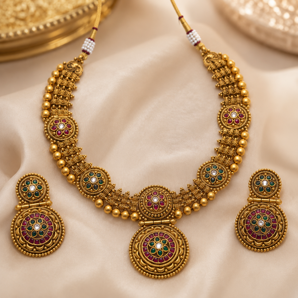 Antique Gold Floral Medallion Disc Necklace Set