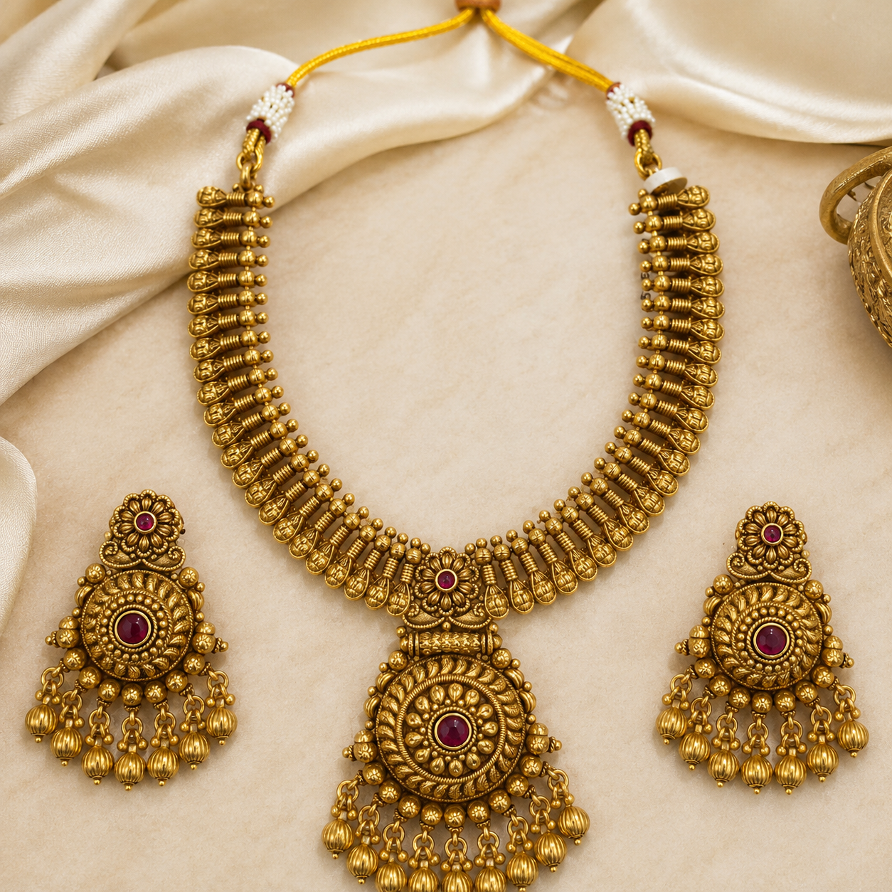 Antique Gold Beaded Fringe Necklace Set